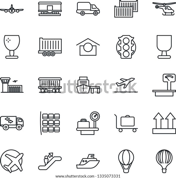 Thin Line Icon Set - departure vector, baggage\
trolley, escalator, plane, helicopter, seat map, luggage scales,\
airport building, railroad, traffic light, sea shipping, truck\
trailer, car delivery