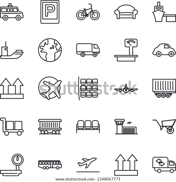 Thin Line Icon Set - departure vector, airport bus,\
parking, waiting area, plane, seat map, building, wheelbarrow,\
ambulance car, bike, earth, railroad, sea shipping, truck trailer,\
delivery, port
