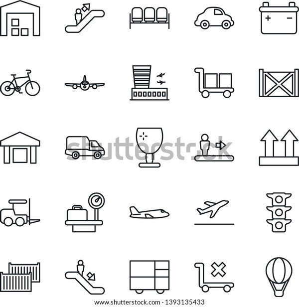 Thin Line Icon Set - departure vector, escalator,\
waiting area, fork loader, plane, luggage scales, airport building,\
bike, traffic light, cargo container, car delivery, consolidated,\
fragile