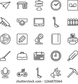 Thin Line Icon Set - desk vector, notepad, printer, hoe, thermometer, signpost, clock, term, vinyl, microphone, gamepad, tv, record, notes, fence, ladle, rolling pin, web camera, case, paper plane