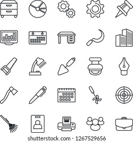 Thin Line Icon Set - desk vector, trowel, rake, saw, sickle, axe, ripper, group, settings, calendar, monitor statistics, drawing pin, office building, pie graph, identity card, ink pen, lamp, target