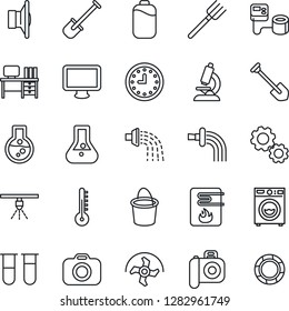 Thin Line Icon Set - desk vector, job, shovel, farm fork, ripper, bucket, watering, blood pressure, test vial, microscope, clock, camera, speaker, monitor, battery, washer, water heater, thermometer