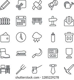 Thin Line Icon Set - desk vector, farm fork, fence, watering can, boot, rain, sickle, bench, satellite, fragile, microphone, mail, clock, stopwatch, calendar, cut, pencil, stapler, candle, trash bin