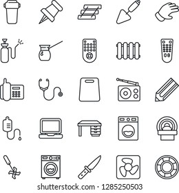 Thin Line Icon Set - desk vector, pencil, trowel, glove, garden sprayer, ripper, stethoscope, dropper, tomography, office phone, radio, remote control, laptop pc, paper pin, tray, washer, knife, fan
