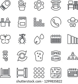 Thin Line Icon Set - desk vector, calendar, flower in pot, butterfly, virus, no hook, sorting, film frame, equalizer, menu, settings, sd, update, abacus, manager, hierarchy, children room, phone