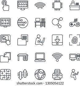 Thin Line Icon Set - desk vector, monitor pulse, folder document, gamepad, touch screen, laptop pc, share, network, data exchange, download, wireless, manager, printer, chip, fingerprint