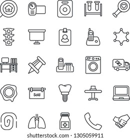 Thin Line Icon Set - desk vector, presentation board, drawing pin, stamp, blood test vial, heart diagnostic, pills bottle, lungs, implant, traffic light, video camera, laptop pc, radio phone, call