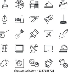 Thin Line Icon Set - desk vector, trowel, shovel, rake, pruner, glove, hose, picnic table, garden sprayer, blood pressure, satellite antenna, microphone, tv, paper pin, mobile camera, themes, sim