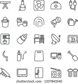 Thin Line Icon Set - desk vector, notebook pc, job, watering can, bucket, sickle, picnic table, garden sprayer, doctor case, blood pressure, satellite antenna, microphone, radio, tv, rca, themes