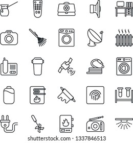 Thin Line Icon Set - desk vector, rake, hose, ripper, doctor case, blood test vial, satellite antenna, camera, radio, speaker, remote control, phone, fingerprint id, battery, washer, heater, water