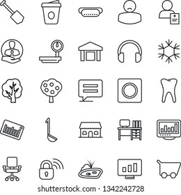 Thin Line Icon Set - desk vector, coffee, job, statistic monitor, tree, tooth, patient, client, warehouse, heavy scales, barcode, headphones, message, record, statistics, pond, fruit, cafe building