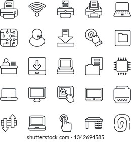Thin Line Icon Set - desk vector, notebook pc, printer, support, tv, touch screen, monitor, laptop, hdmi, folder, data exchange, download, wireless, document, manager, chip, home control app