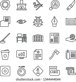 Thin Line Icon Set - desk vector, coffee, statistic monitor, stamp, lady bug, hoe, garden knife, axe, diagnosis, eye, cargo container, rec button, news, document folder, ink pen, office phone, fence