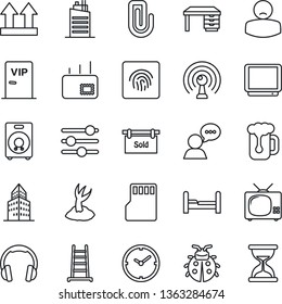 Thin Line Icon Set - desk vector, ladder, sproute, lady bug, patient, up side sign, antenna, tv, speaker, headphones, tuning, sd, fingerprint id, clock, paper clip, office building, mail, bedroom