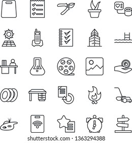 Thin Line Icon Set - desk vector, document reload, seedling, pruner, lawn mower, fire, blood pressure, office phone, reel, favorites list, gallery, alarm, building, checklist, manager, pond, pool