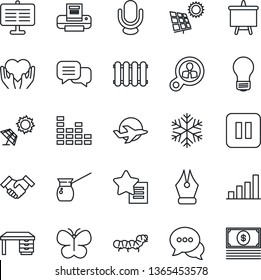 Thin Line Icon Set - desk vector, presentation board, bulb, butterfly, caterpillar, heart hand, plane, equalizer, microphone, dialog, favorites list, pause button, bar graph, ink pen, printer, cash