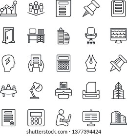 Thin Line Icon Set - desk vector, document, brainstorm, meeting, drawing pin, printer, monitor pulse, clipboard, paper, calculator, presentation board, office building, ink pen, chair, point graph