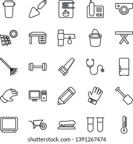 Thin Line Icon Set - desk vector, job, pencil, trowel, rake, wheelbarrow, bucket, glove, saw, picnic table, drip irrigation, stethoscope, blood test vial, barbell, tv, radio phone, stapler, fridge