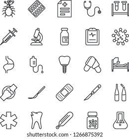 Thin Line Icon Set - diagnosis vector, stethoscope, syringe, blood test vial, dropper, thermometer, microscope, pills, bottle, blister, ampoule, scalpel, patch, ambulance star, hospital bed, stomach