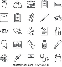 Thin Line Icon Set - diagnosis vector, stethoscope, dropper, heart diagnostic, scales, ampoule, scalpel, tomography, bike, run, hospital bed, disabled, lungs, real, tooth, eye, broken bone, heavy