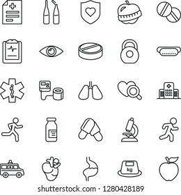 Thin Line Icon Set - diagnosis vector, blood pressure, heart diagnostic, microscope, pills, ampoule, ambulance star, car, run, shield, stomach, lungs, real, eye, pulse clipboard, diet, hospital