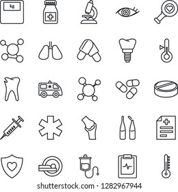 Thin Line Icon Set - diagnosis vector, molecule, syringe, dropper, heart diagnostic, microscope, scales, pills, bottle, ampoule, tomography, ambulance star, car, shield, lungs, caries, implant, eye
