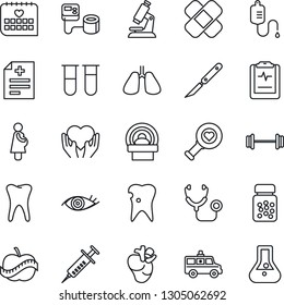 Thin Line Icon Set - diagnosis vector, stethoscope, syringe, blood pressure, test vial, dropper, heart diagnostic, microscope, pills bottle, scalpel, patch, tomography, ambulance car, barbell, hand