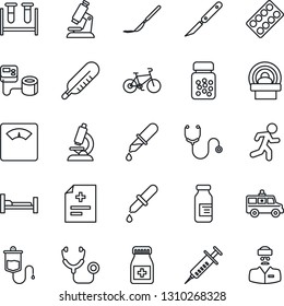 Thin Line Icon Set - diagnosis vector, stethoscope, syringe, blood pressure, test vial, dropper, thermometer, microscope, scales, pills bottle, blister, ampoule, scalpel, tomography, ambulance car