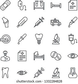 Thin Line Icon Set - diagnosis vector, syringe, blood test vial, dropper, thermometer, microscope, pills, patch, tomography, ambulance car, hospital bed, caries, implant, eye, joint, doctor, flask