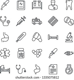Thin Line Icon Set - diagnosis vector, stethoscope, syringe, blood test vial, dropper, thermometer, microscope, pills, bottle, blister, ambulance star, car, hospital bed, stomach, caries, eye, flask