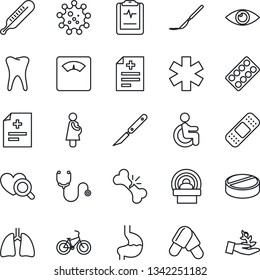 Thin Line Icon Set - diagnosis vector, stethoscope, thermometer, heart diagnostic, scales, pills, blister, scalpel, patch, tomography, ambulance star, bike, disabled, stomach, lungs, tooth, eye