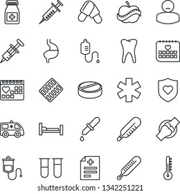 Thin Line Icon Set - diagnosis vector, syringe, blood test vial, dropper, thermometer, pills, bottle, blister, ambulance star, car, heart shield, hospital bed, stomach, tooth, joint, diet, patient