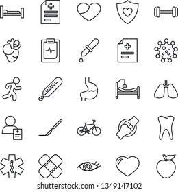 Thin Line Icon Set - diagnosis vector, dropper, thermometer, scalpel, patch, ambulance star, barbell, bike, run, heart shield, hospital bed, stomach, lungs, real, tooth, eye, joint, pulse clipboard