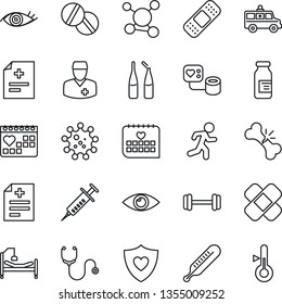 Thin Line Icon Set - diagnosis vector, stethoscope, syringe, blood pressure, thermometer, pills, ampoule, patch, ambulance car, barbell, run, heart shield, hospital bed, eye, broken bone, doctor