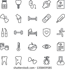 Thin Line Icon Set - diagnosis vector, blood pressure, dropper, thermometer, pills bottle, ampoule, patch, barbell, run, heart shield, hospital bed, caries, implant, eye, joint, broken bone, diet