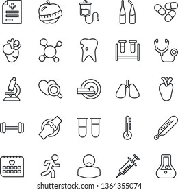 Thin Line Icon Set - diagnosis vector, molecule, stethoscope, syringe, blood test vial, dropper, thermometer, heart diagnostic, microscope, pills, ampoule, tomography, barbell, run, lungs, real