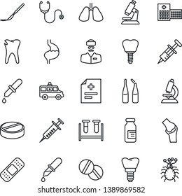 Thin Line Icon Set - diagnosis vector, stethoscope, syringe, blood test vial, dropper, microscope, pills, ampoule, scalpel, patch, ambulance car, stomach, lungs, caries, implant, joint, hospital