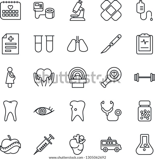 Thin Line Icon Set - diagnosis vector, stethoscope,\
syringe, blood pressure, test vial, dropper, heart diagnostic,\
microscope, pills bottle, scalpel, patch, tomography, ambulance\
car, barbell, hand