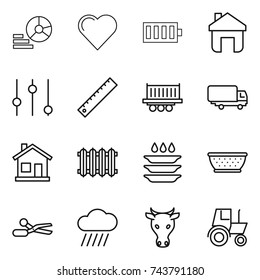 thin line icon set : diagram, heart, battery, home, equalizer, ruler, truck shipping, radiator, plate washing, colander, scissors, rain cloud, cow, tractor