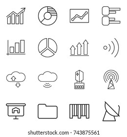 thin line icon set : diagram, circle, statistics, graph, up, wireless, cloude service, cloud, crystall memory, antenna, presentation, documents, bar code, satellite