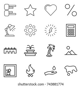 thin line icon set : diagram, star, heart, percent, table lamp, round around, lightning, calculator, bridge, fountain, palm, landscape, flower in window, fire, hand and drop, spot