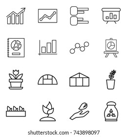 thin line icon set : diagram, statistics, presentation, annual report, graph, flower, greenhouse, seedling, sprouting, hand leaf, fertilizer