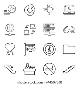 thin line icon set : diagram, circle, chip, notebook, globe connect, server, smart glasses, cardio, shop signboard, info, documents, escalator, reception, no smoking, stairs