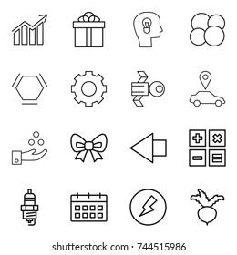 thin line icon set : diagram, gift, bulb head, atom core, hex molecule, gear, satellite, car pointer, chemical industry, bow, left arrow, calculator, spark plug, calendar, electricity, beet