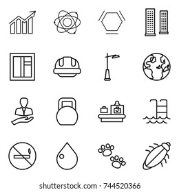 thin line icon set : diagram, atom, hex molecule, skyscrapers, window, building helmet, outdoor light, globe, client, heavy, baggage checking, pool, no smoking, drop, pets, bug