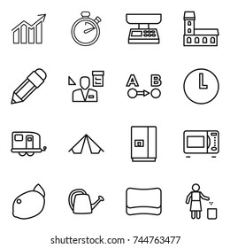 thin line icon set : diagram, stopwatch, market scales, mansion, pencil, architector, route a to b, clock, trailer, tent, fridge, microwave oven, lemon, watering can, sponge, garbage bin