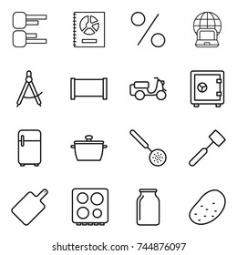 thin line icon set : diagram, annual report, percent, notebook globe, draw compass, fence, scooter shipping, safe, fridge, pan, skimmer, meat hammer, cutting board, hob, bank, potato