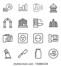 thin line icon set : diagram, graph, pass card, goverment house, arch, office, hotel, camera, power socket, intercome, stands for knives, chef knife, bank, ecology