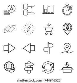 thin line icon set : diagram, graph, stopwatch, up down arrow, lightning, add to cart, dollar pin, right, left, signpost, geo, delivery, reload, package
