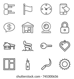 thin line icon set : diagram, flag, clock, touch, money message, warehouse, web cam, lock, house with garage, aquapark, key, heart pendant, window, vegetable oil, sickle, sun
